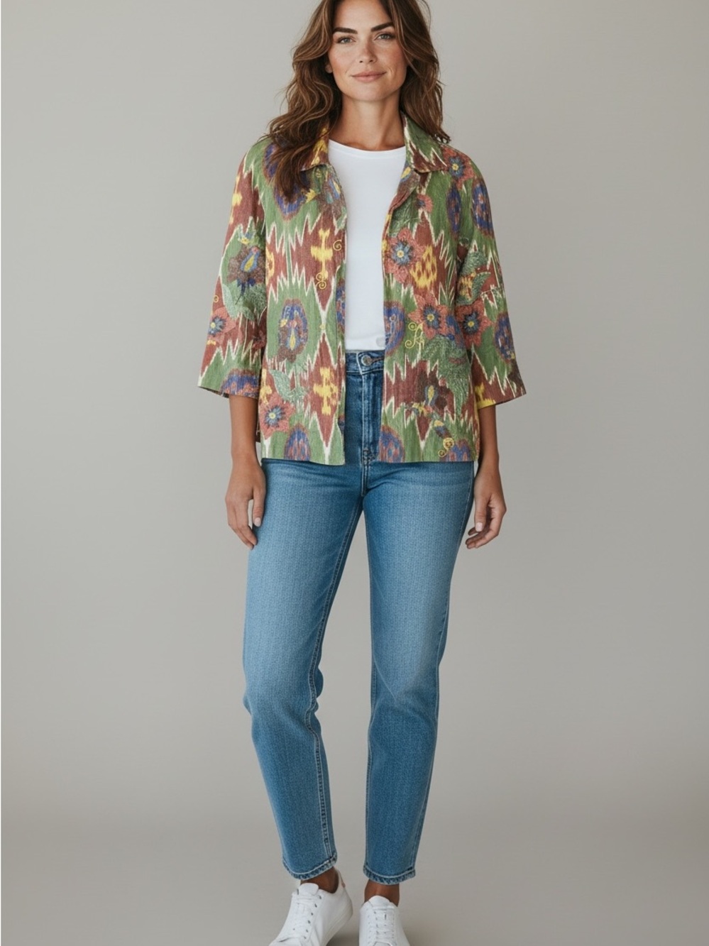Coldwater Creek Ikat-Print Jacket in Green, Brown & Blue